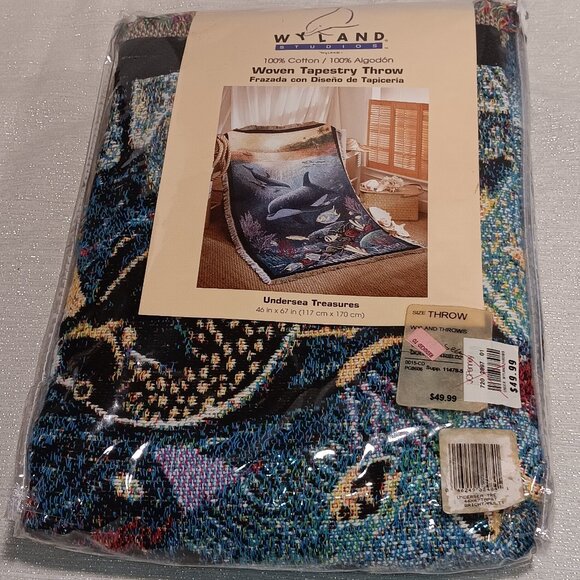 Vintage Wyland Studios Woven Tapestry Throw Blanket Dolphins Tropical Fish USA - Picture 1 of 4